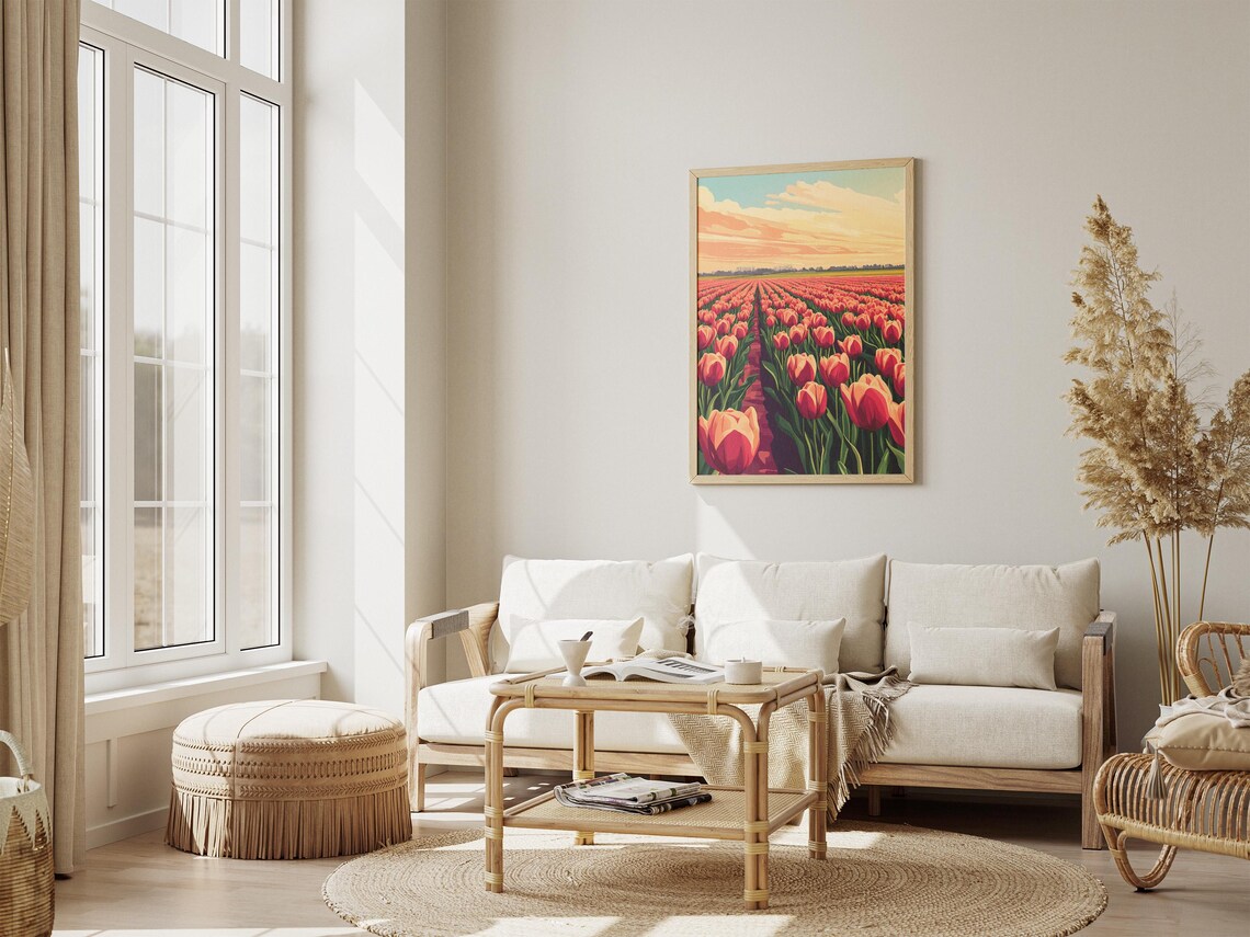 Sunset Tulip Field Orange Tulips Flower Farm Landscape Poster - Image 4