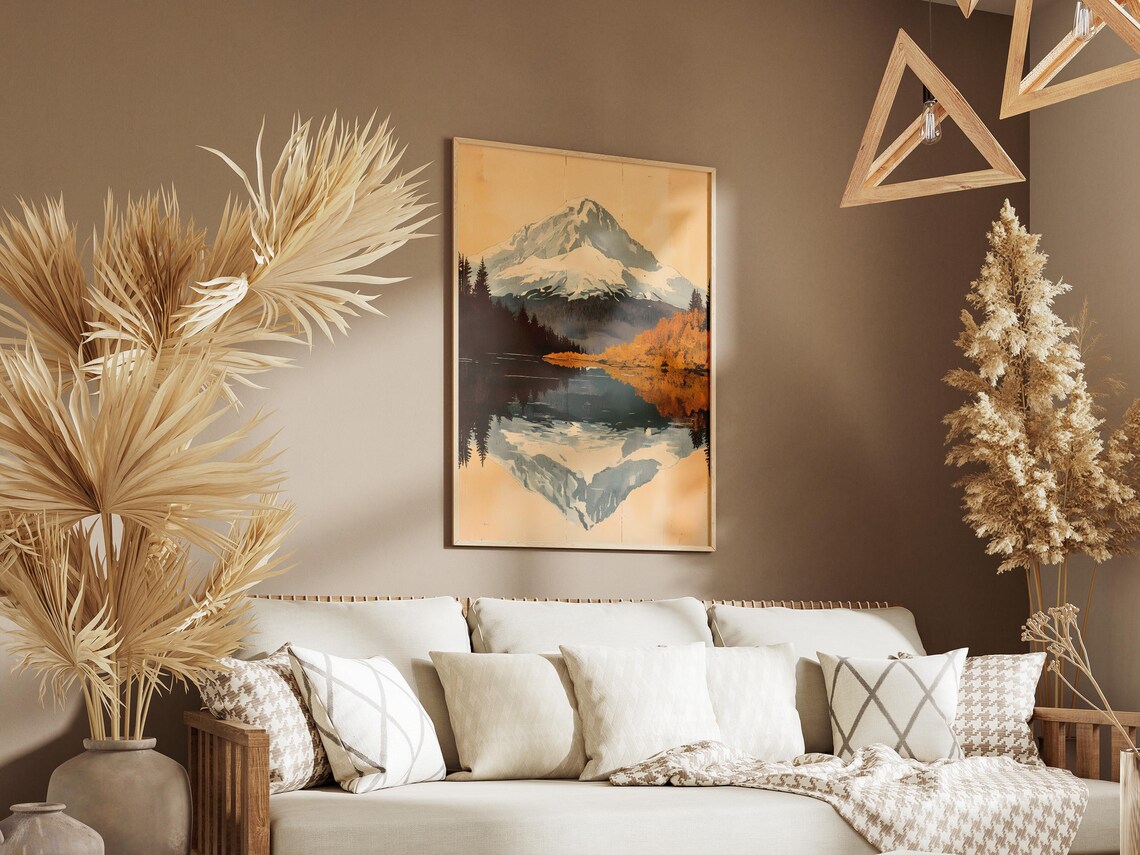 Snowcapped Mountain Lake Reflection Vintage Autumn Landscape Poster - Image 3