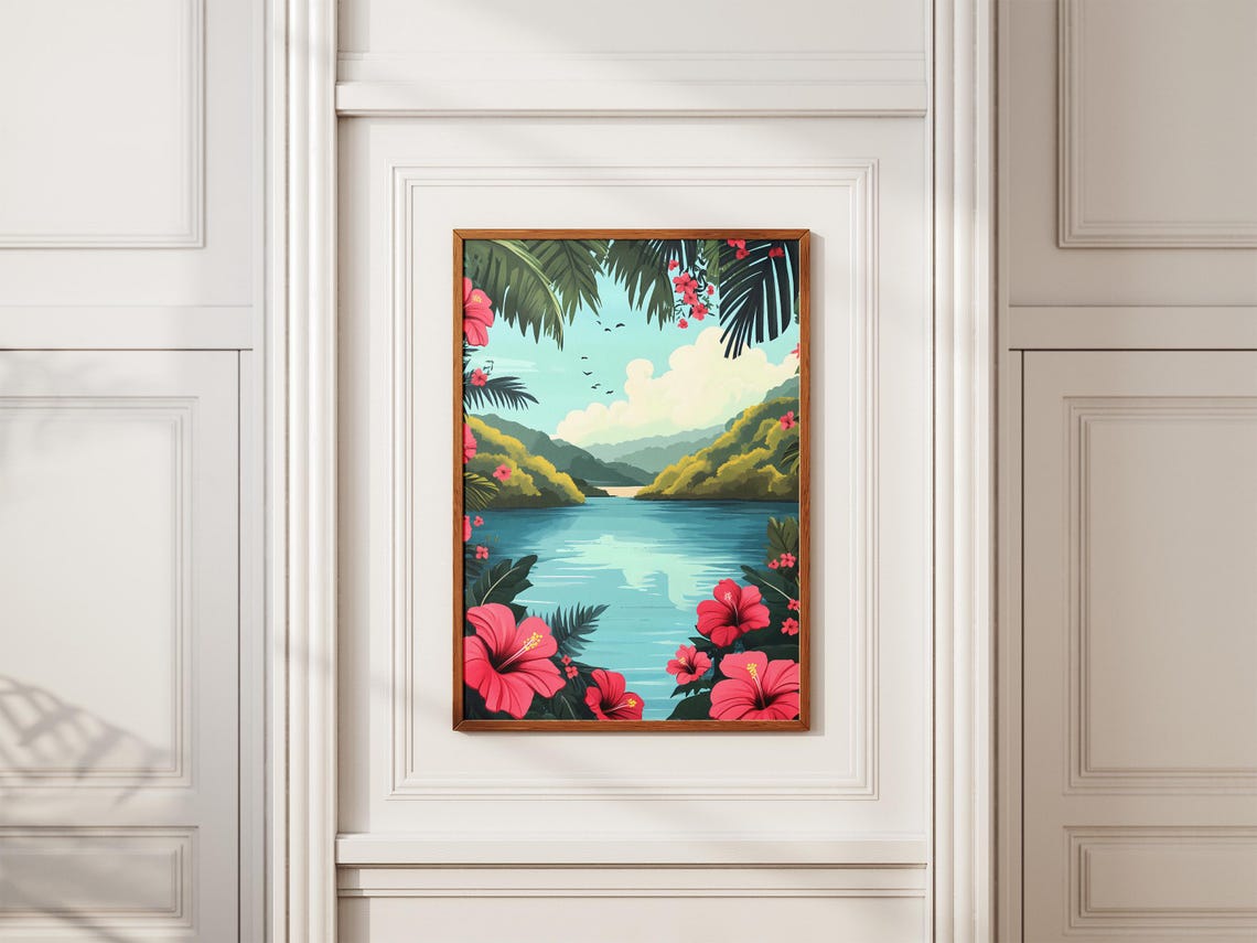 Hibiscus Lake Tropical Pink Flower Framed Lagoon View Poster - Image 2