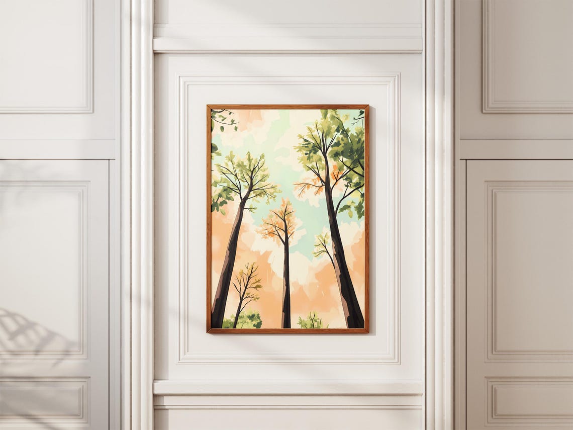 Towering Spring Trees Against Pastel Sky Minimalist Nature Poster - Image 2