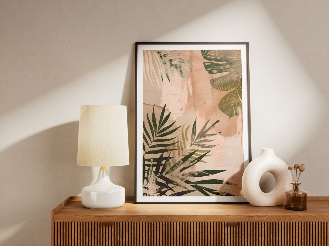 Minimalist Abstract Palm Leaves Blush Sage Boho Tropical Wall Art - Image 2