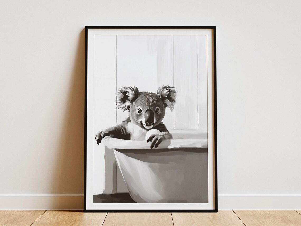 Koala In A Bathtub Black And White Minimalist Bathroom Poster