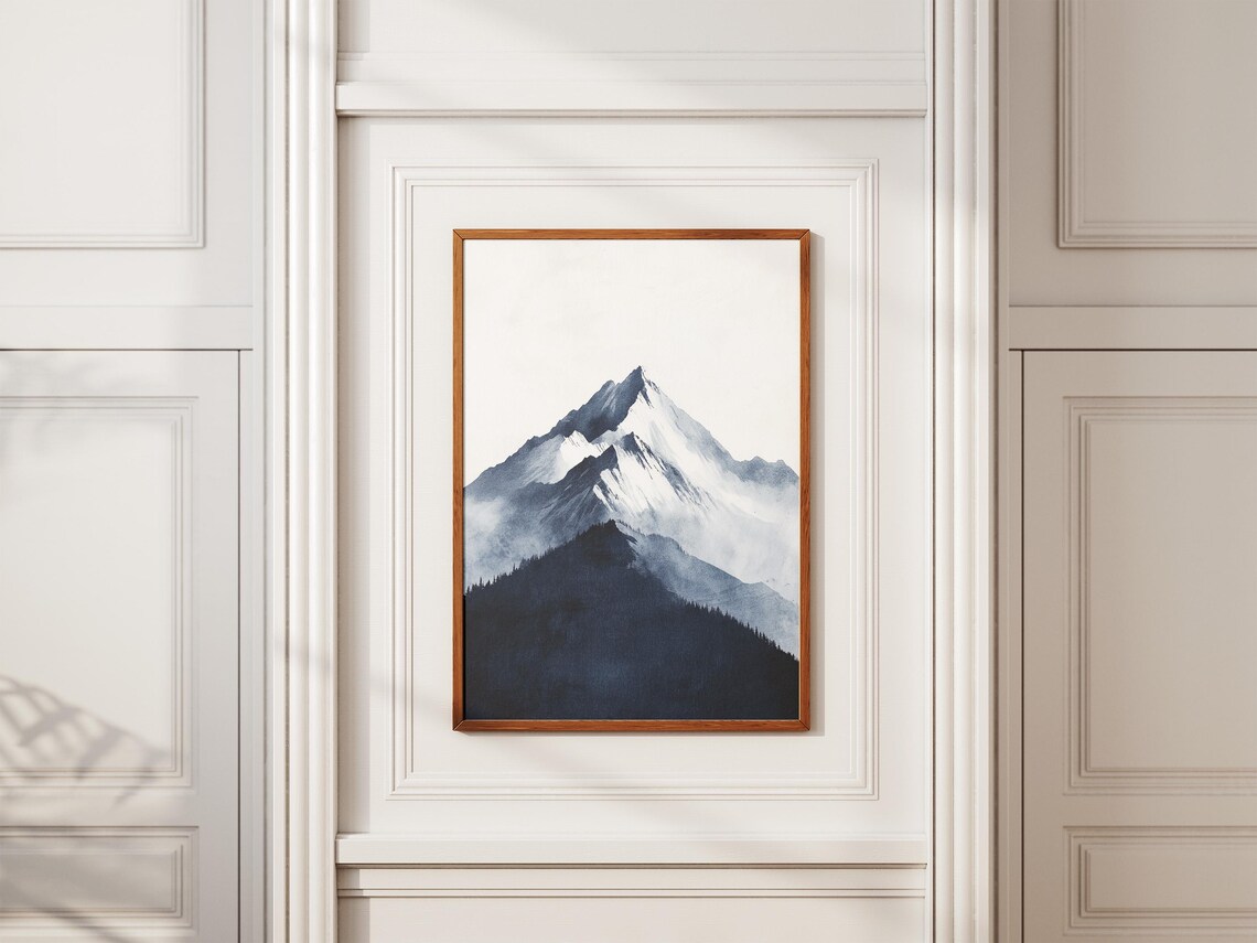 Dramatic Watercolor Mountain Peak Foggy Minimalist Landscape Poster - Image 2