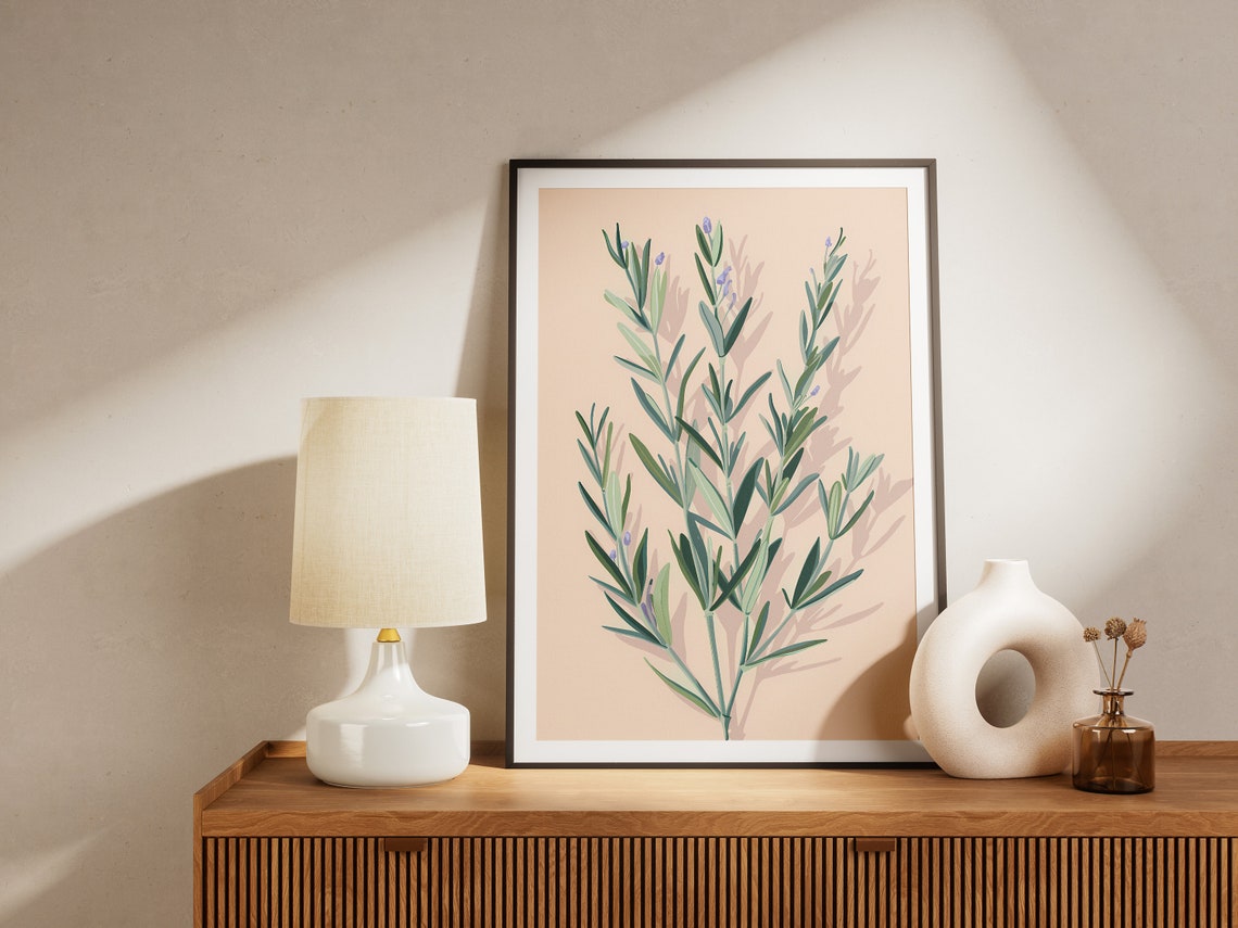 Dainty Lavender Sprigs Botanical Study on Blush Minimal Print - Image 2