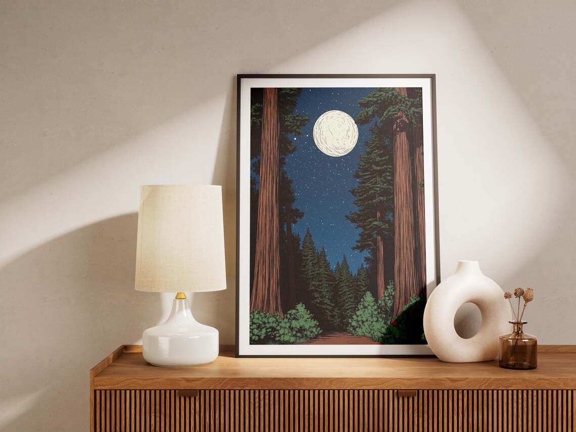 Redwood Forest Night Full Moon Starry Sky Vintage Nature Decor Poster - Image 4