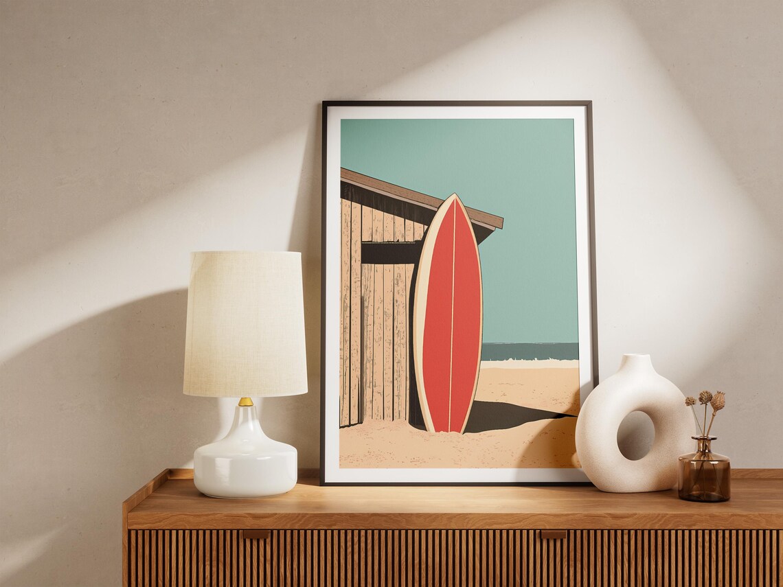 Red Surfboard Wooden Beach Hut Summer Surf Coastal Travel Poster - Image 4