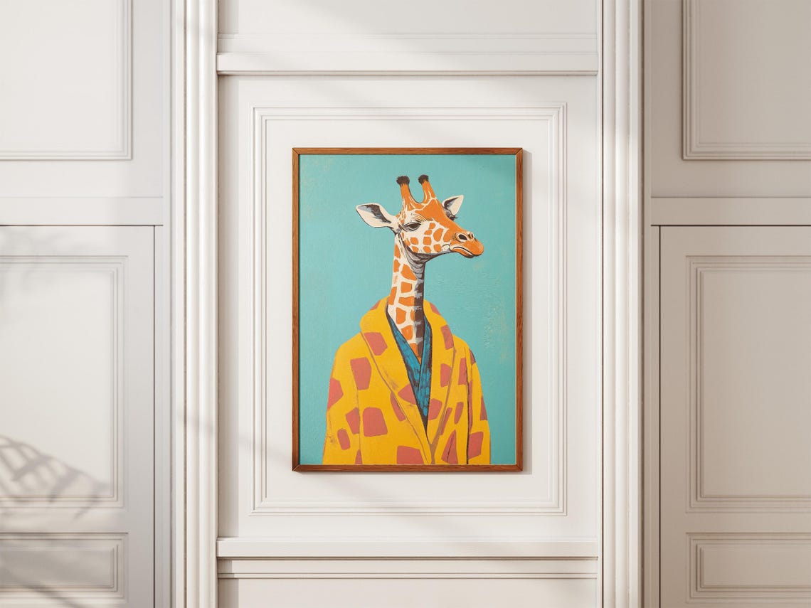 Elegant Giraffe Portrait In Yellow Bathrobe Teal Background Poster - Image 2