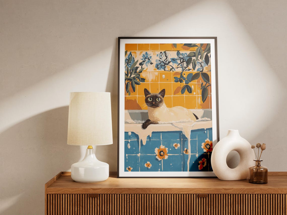 Siamese Cat on Bathtub Edge Floral Tile Retro Bathroom Cat Poster - Image 4