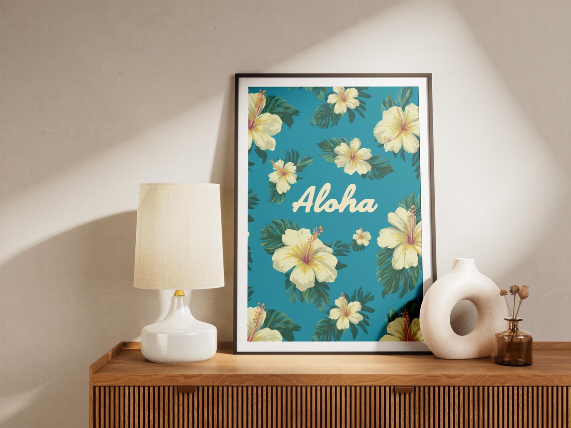 Aloha Hawaiian Hibiscus Floral Pattern On Turquoise Blue Poster - Image 4