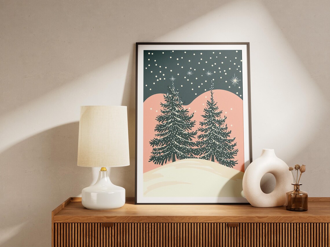 Snowy Pine Trees Winter Night Poster with Pink Hills and Stars - Image 5