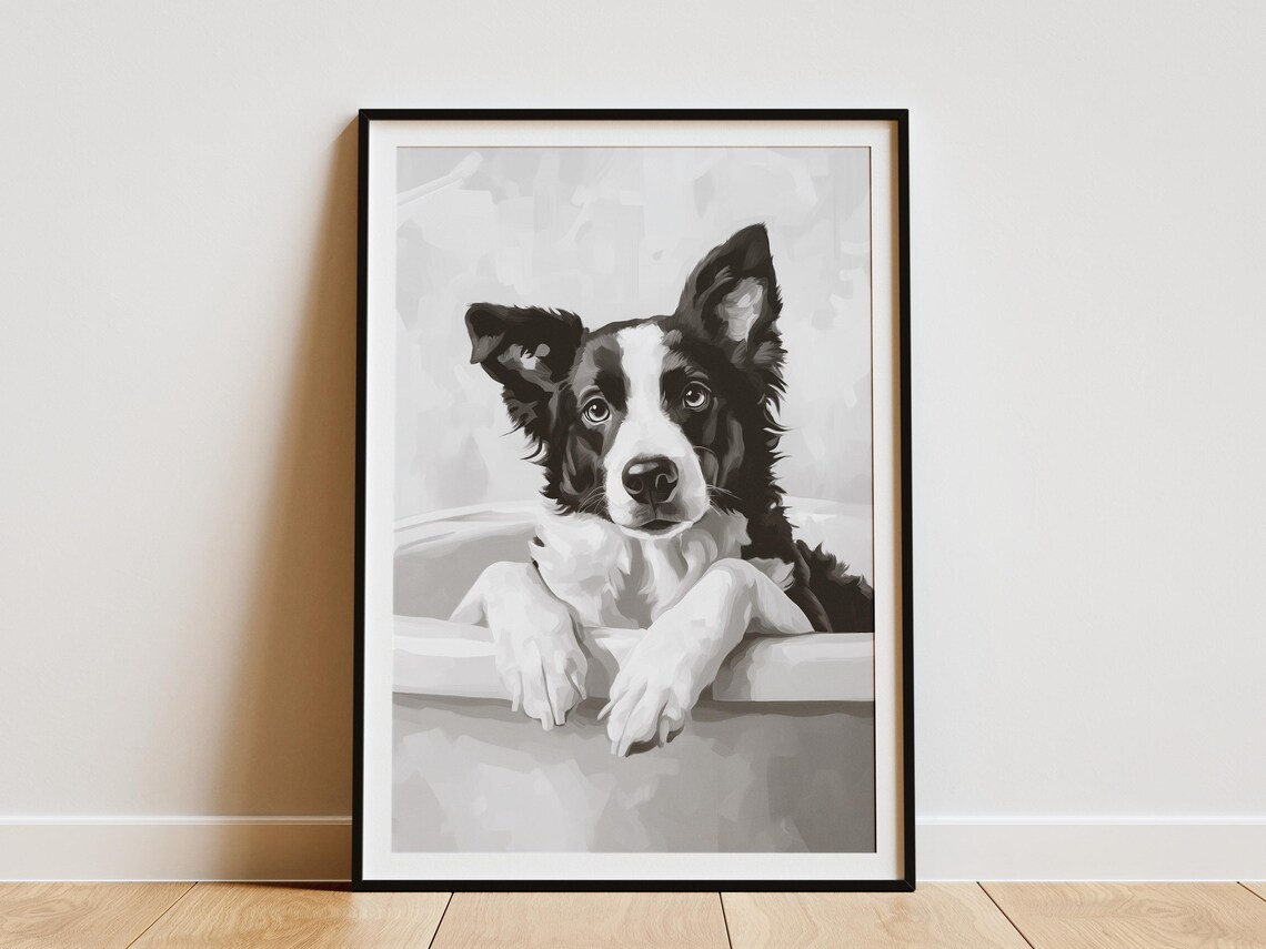 Border Collie Puppy in Bathtub Black and White Cute Dog Decor Poster