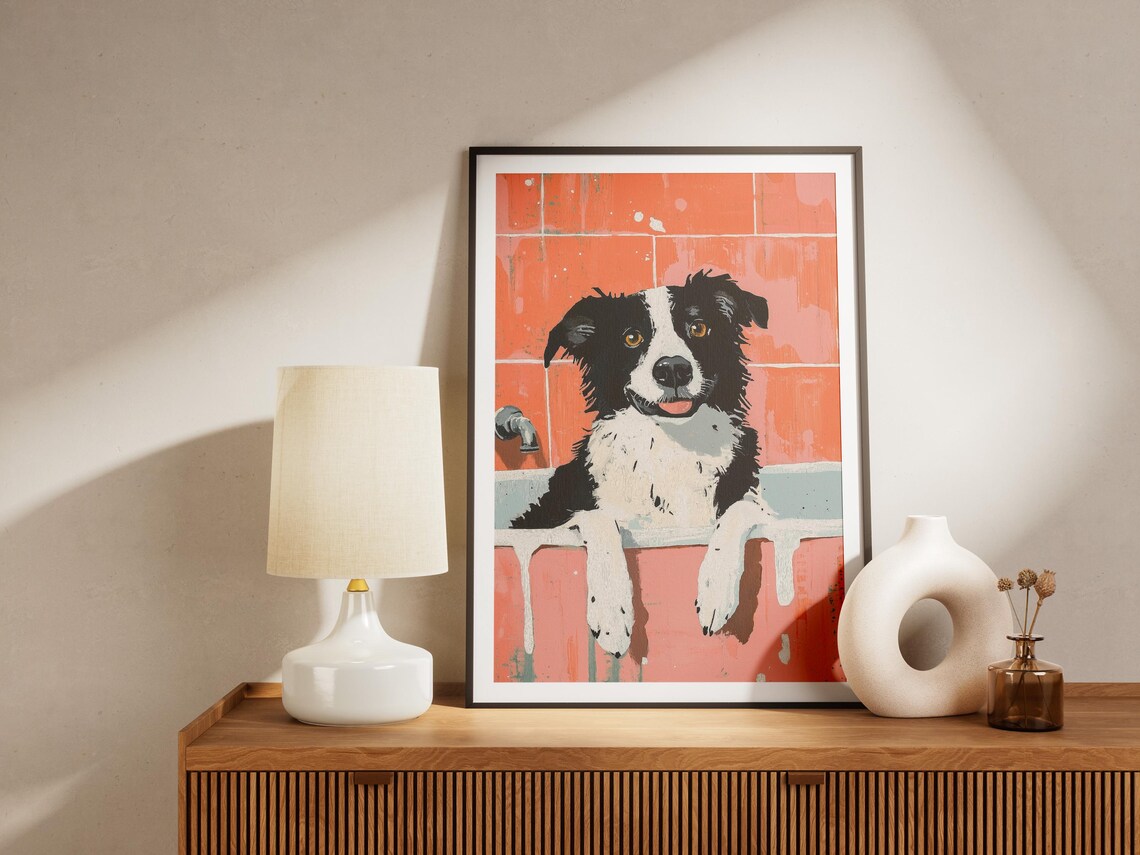 Border Collie Bubble Bath Orange Tiles Happy Dog Bathroom Poster - Image 4