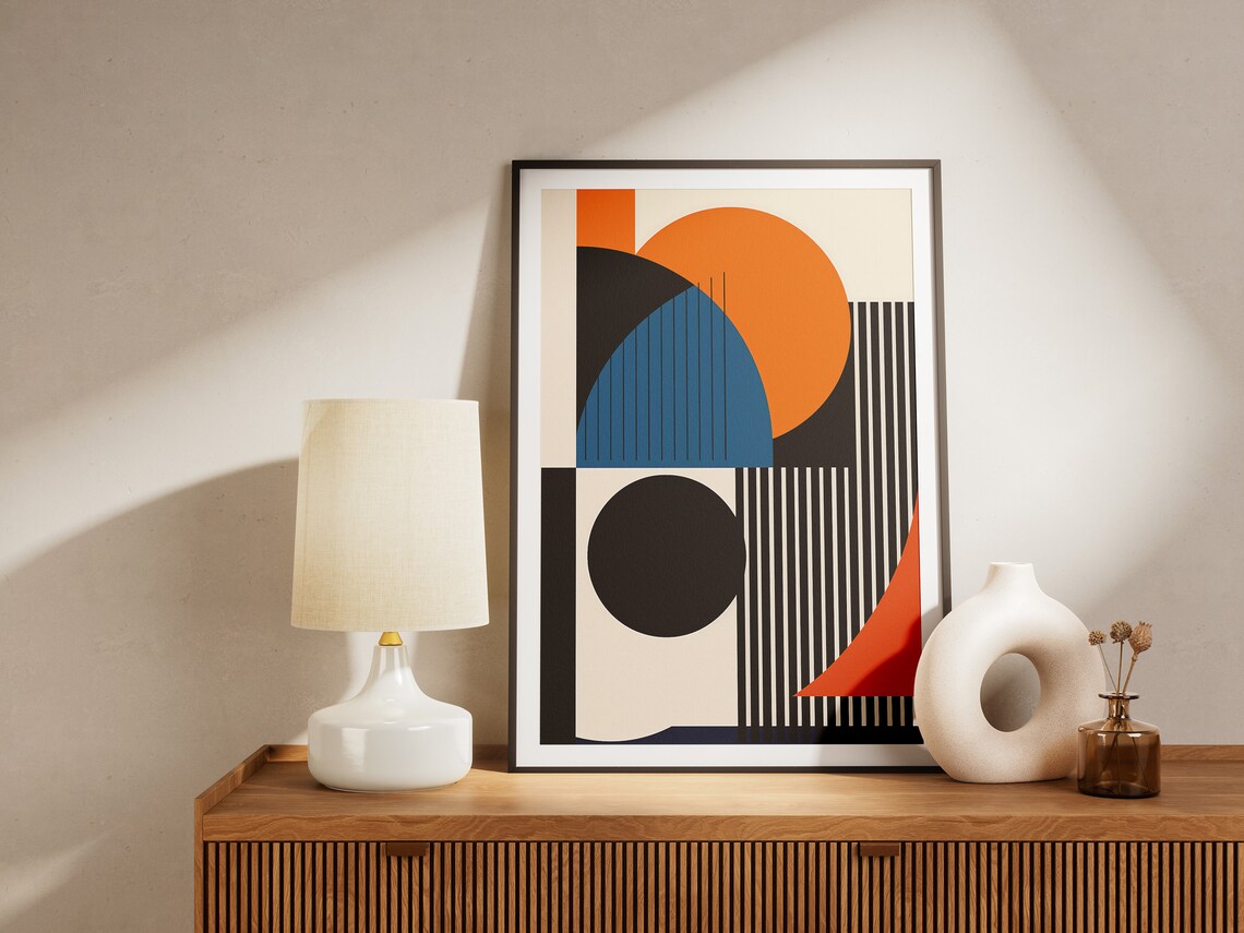 Mid Century Abstract Orange Sun Arch And Stripes Modern Art Poster - Image 2