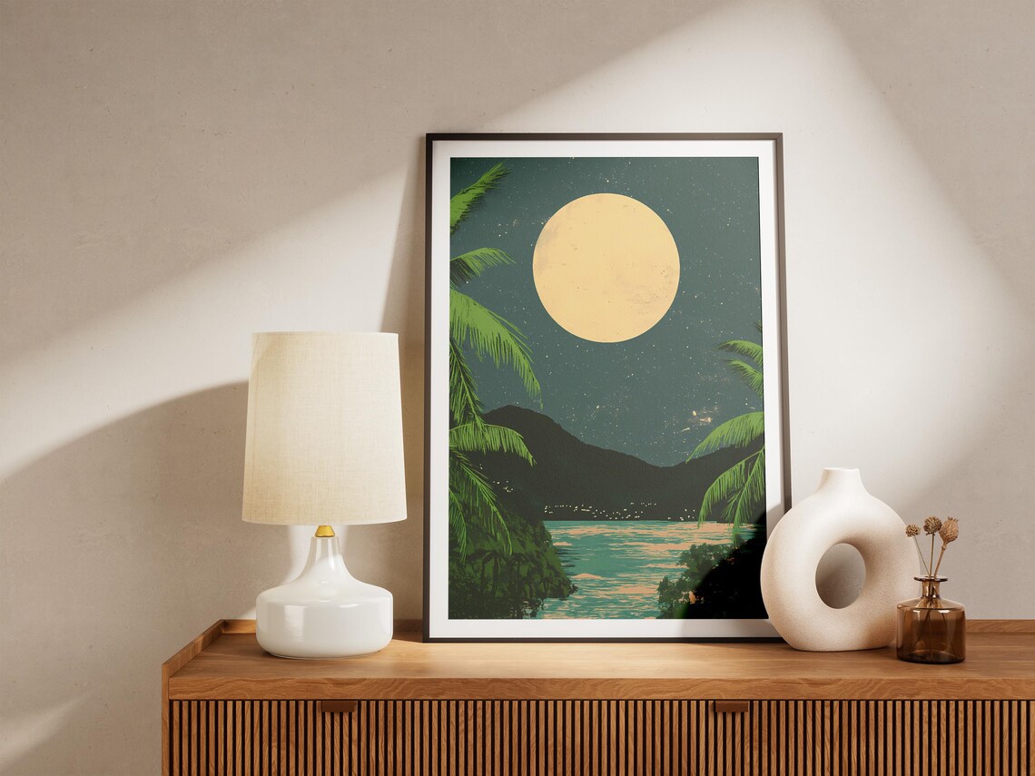 Virgin Islands National Park Moonlit Tropical Bay Palm Trees Night Poster - Image 4