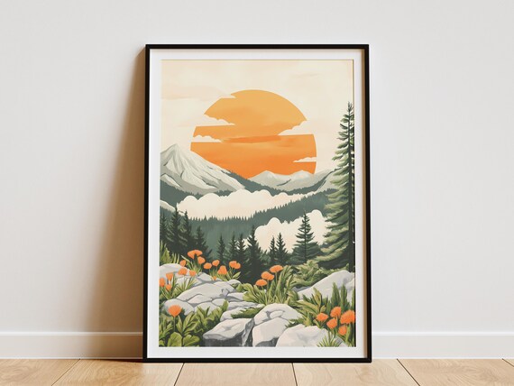 Mountain Sunrise Poster Golden Hour Landscape Print Misty Valley Art Nature Wall Decor Forest Scene Modern Home Decor Orange Yellow Decor