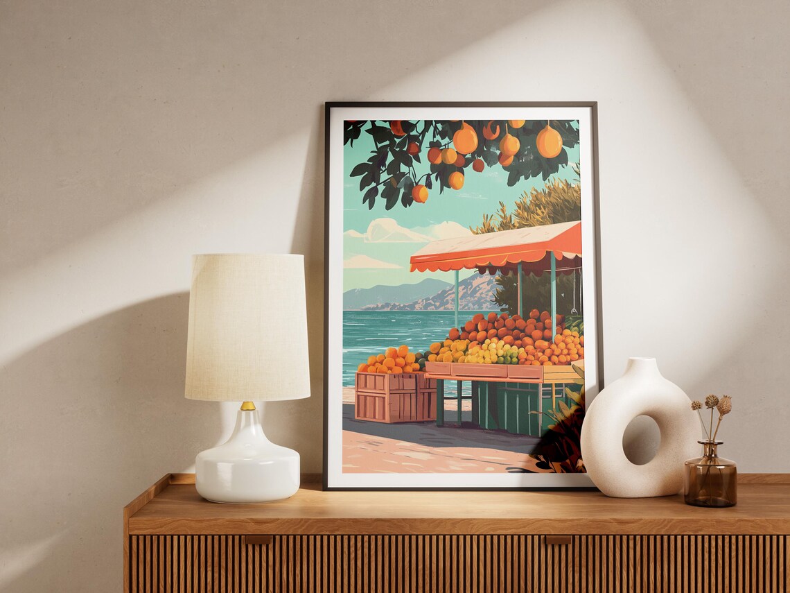 Sunny Coastal Citrus Fruit Stand by the Sea Summer Art Poster - Image 4
