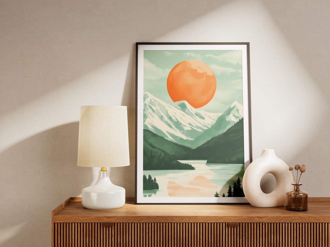 Huge Orange Sun Above a Green Snowy Mountain Lake Scene Poster - Image 5
