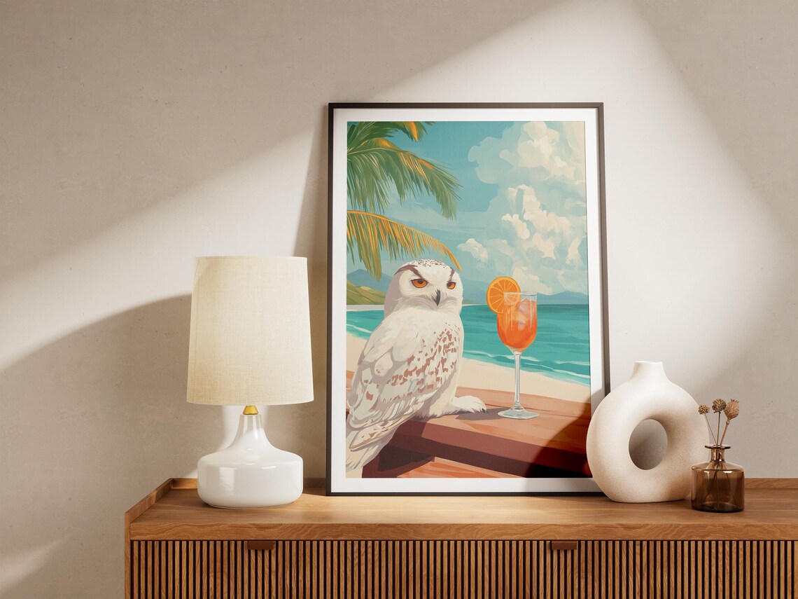 Snowy Owl Eyeing A Tall Orange Cocktail On Tropical Beach Poster - Image 5