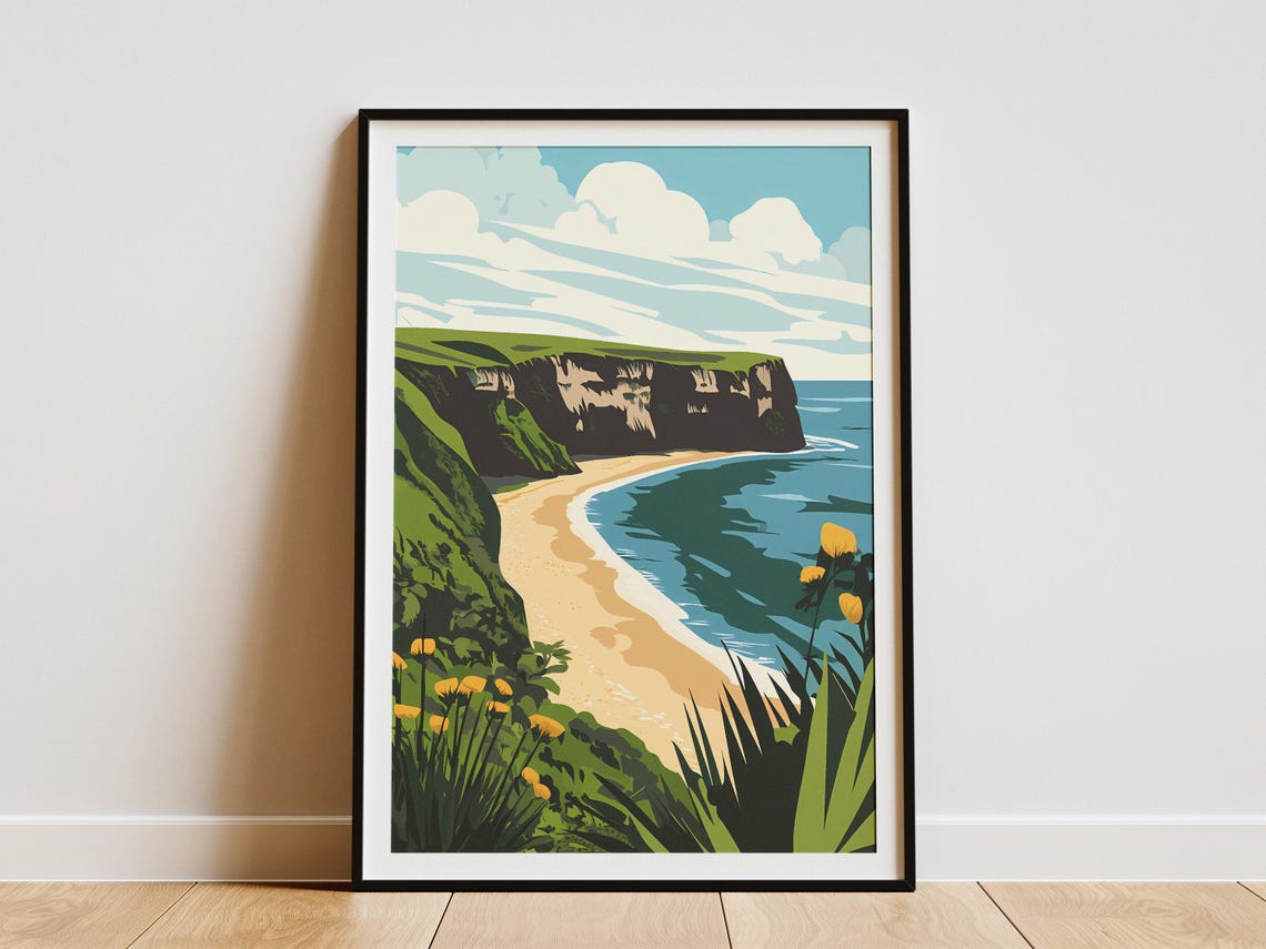 Jurassic Coast White Chalk Cliffs Sandy Bay England Travel Poster