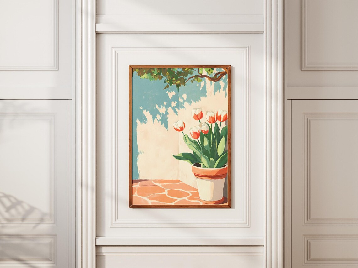 Red And White Tulips In Pot On Sunny Terracotta Patio Poster - Image 2