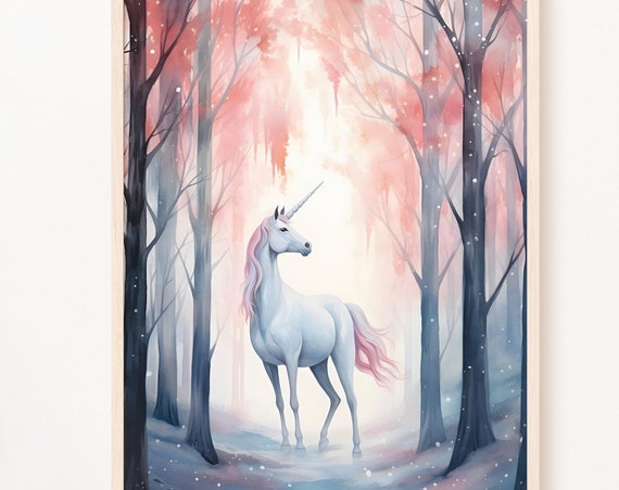 Magical Forest Unicorn Print Forestcore Fantasy Wall Art Girls Bedroom Fairy Tale Creatures Painting Pink Wall Decor