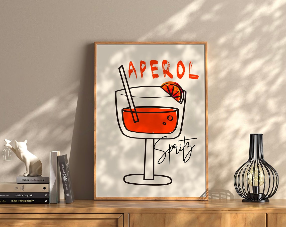 Aperol Spritz Minimal Line Art Cocktail Glass Trendy Bar Wall Art