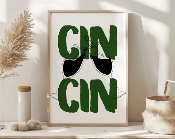 Cin Cin Green Cheers Typography Wine Glasses Minimalist Print