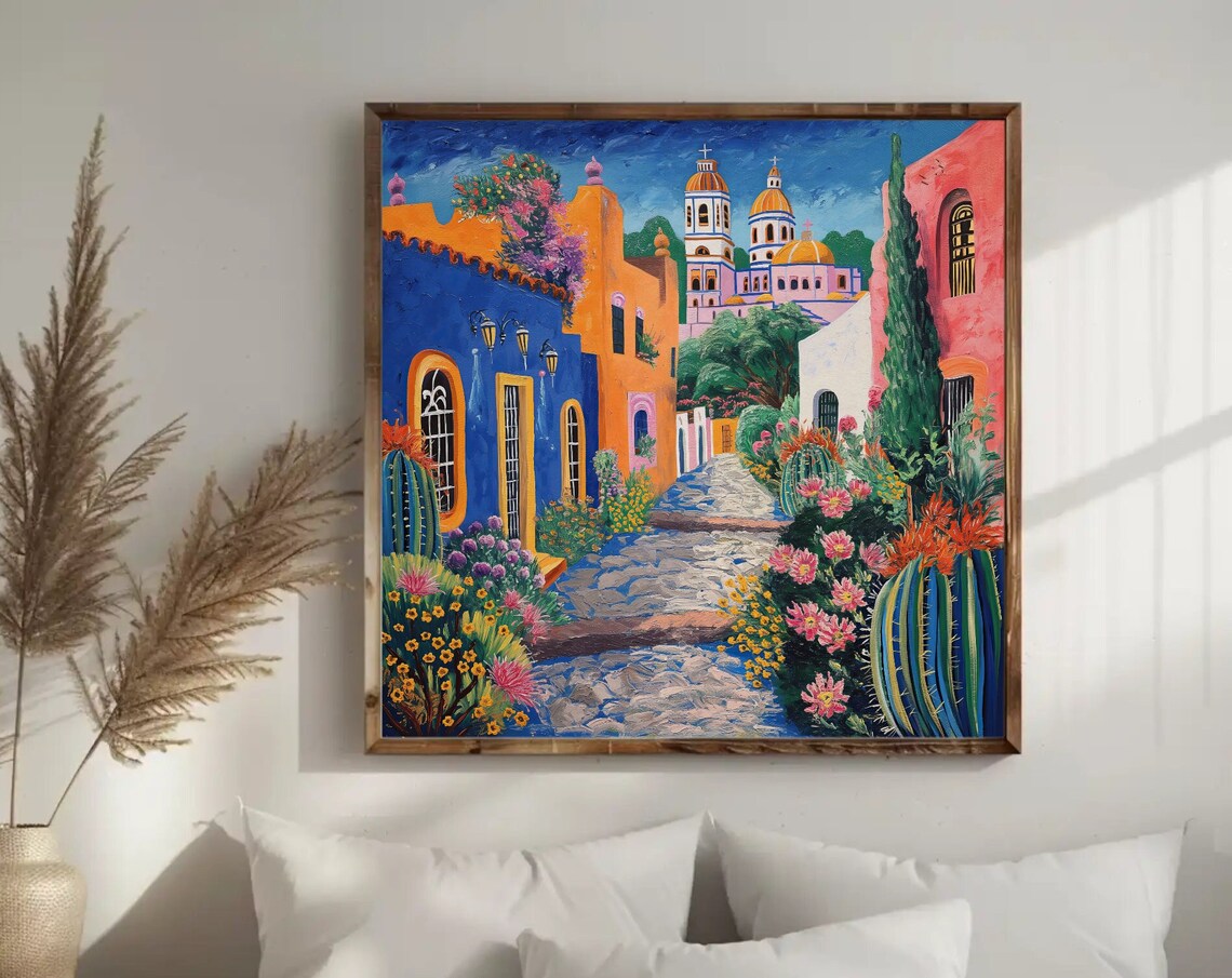 Colorful Mexican Village Street With Church Towers Impasto Poster