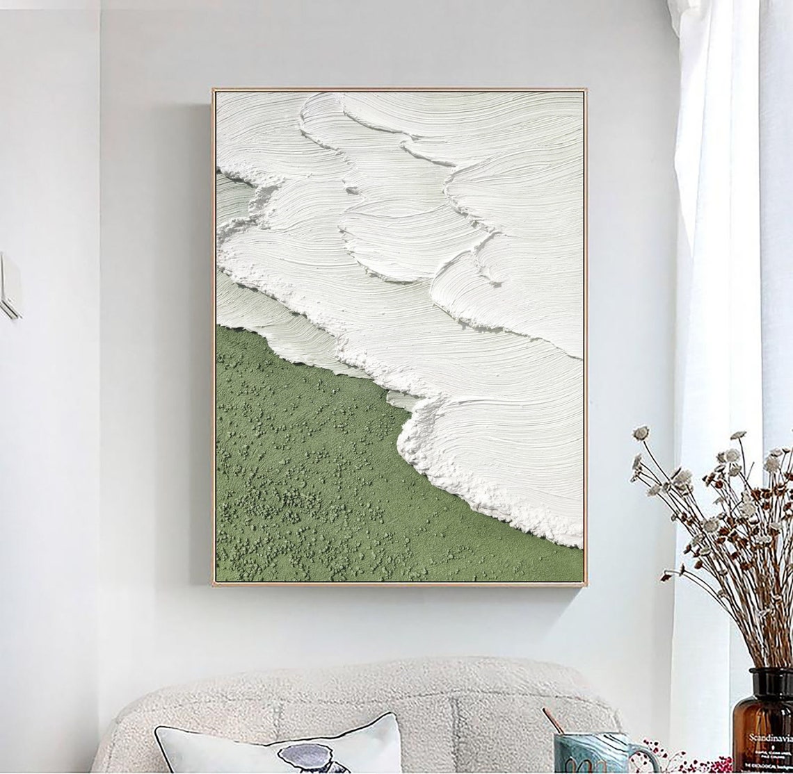 White Textured Wave Flowing Over Sage Green Abstract Painting Poster - Image 3