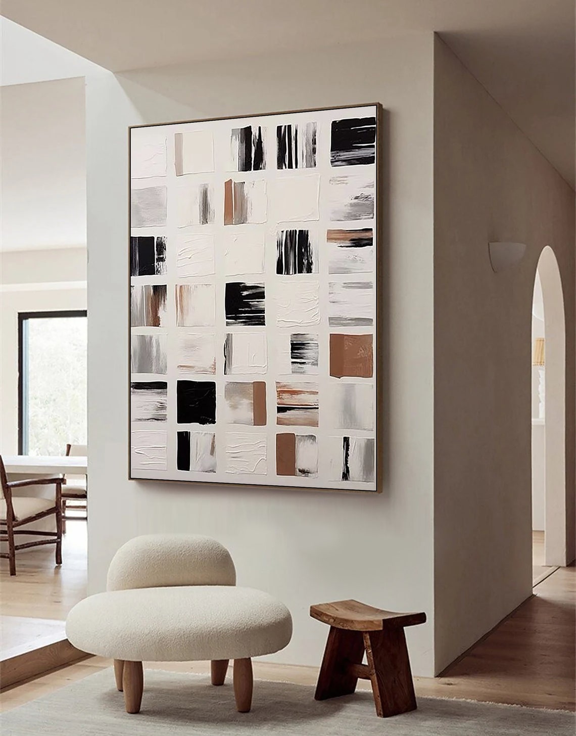 Monochrome Brushstroke Square Grid With Tan Accents Abstract Poster - Image 2