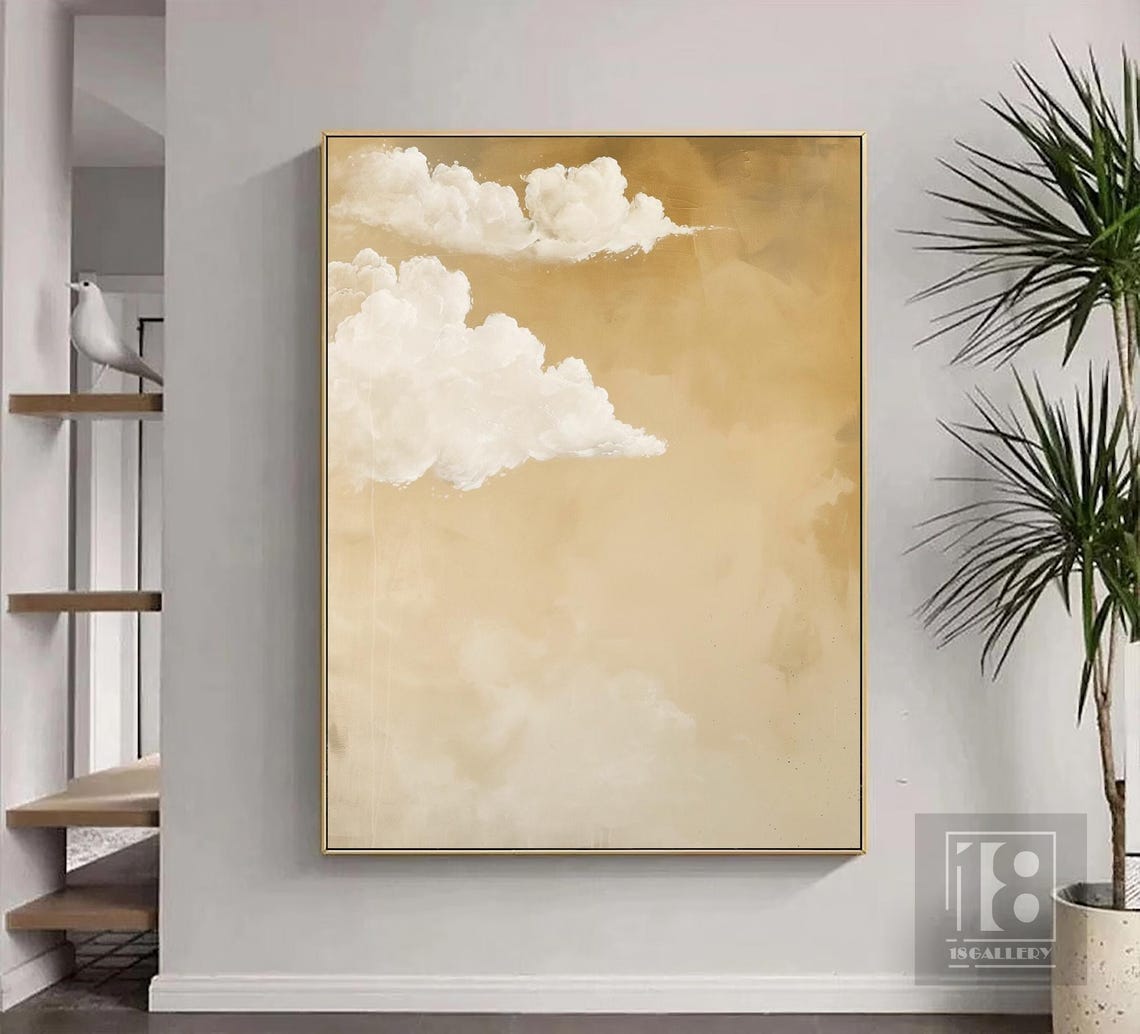 Large White Cloud Abstract Painting Neutral Beige White Wall Decor Modern Texture Wall Art Framed Oil Painting Living Room Wall Art - Image 3