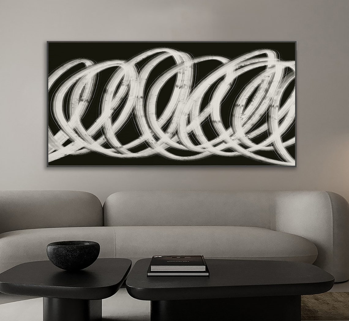 White Looped Brush Circles On Black Abstract Modern Art Poster - Image 4