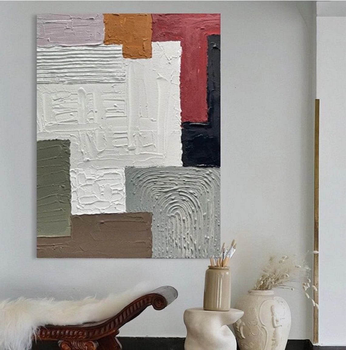 Red Ochre Gray Green Impasto Blocks Textured Modern Decor Poster - Image 3