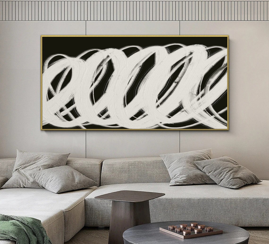 White Bold Brush Swirls On Black Abstract Modern Dramatic Art Poster - Image 2