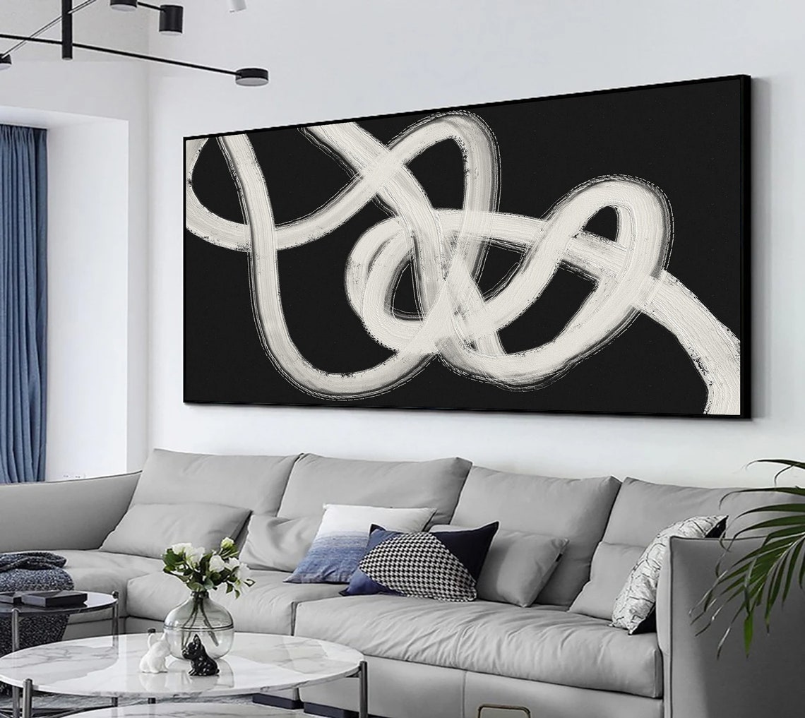 White Tangled Knot Brushstrokes On Black Abstract Art Poster - Image 5