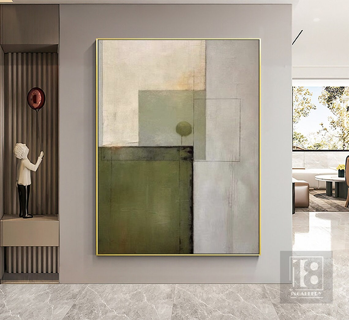 Cream Beige Olive Geometric Block Minimalist Abstract Painting Poster - Image 2