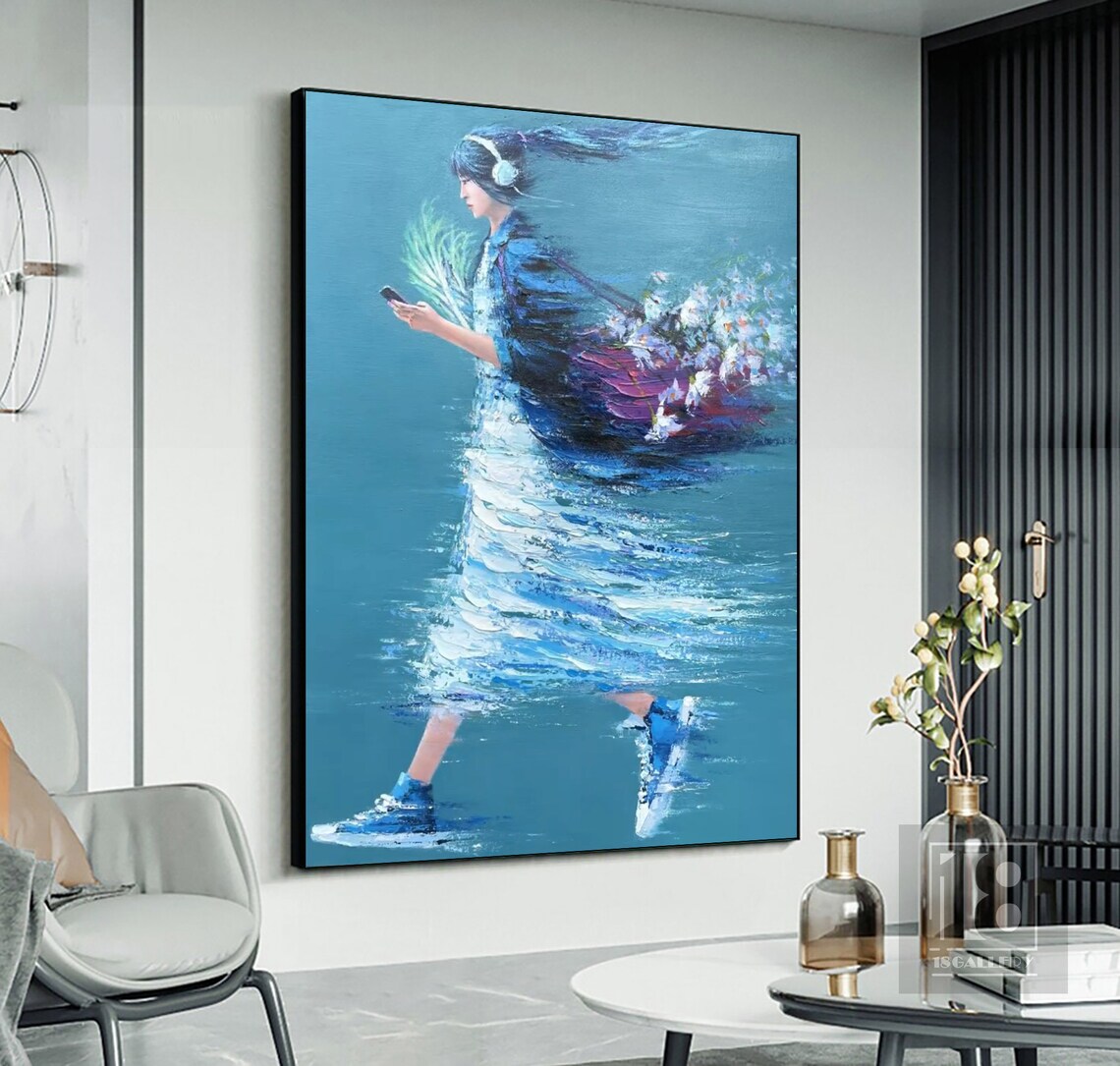 Woman With Headphones Walking Teal Impressionist Figure Painting Poster - Image 2