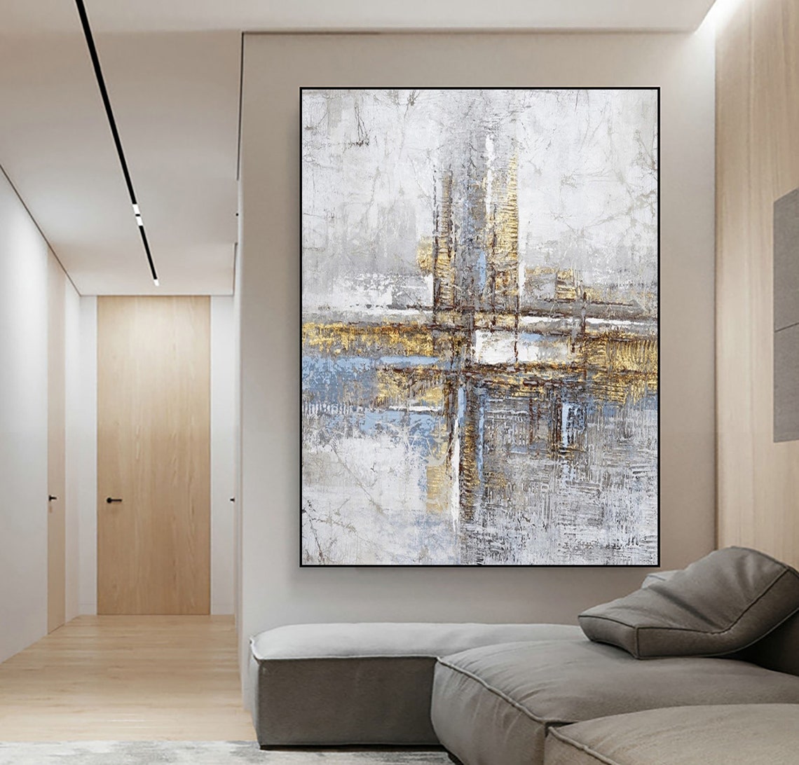 White Gray Gold Abstract Waterfront Skyline Textured Neutral Poster - Image 2