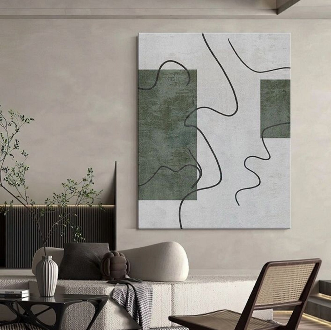 Sage Green Blocks With Black Squiggle Line Playful Art Poster - Image 5