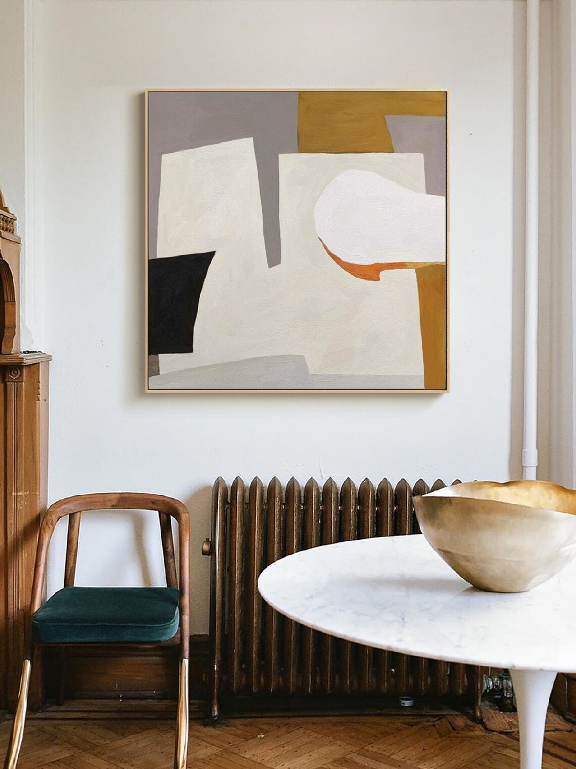 Mid Century Cream Mustard Black Color Block Gallery Abstract Poster - Image 4