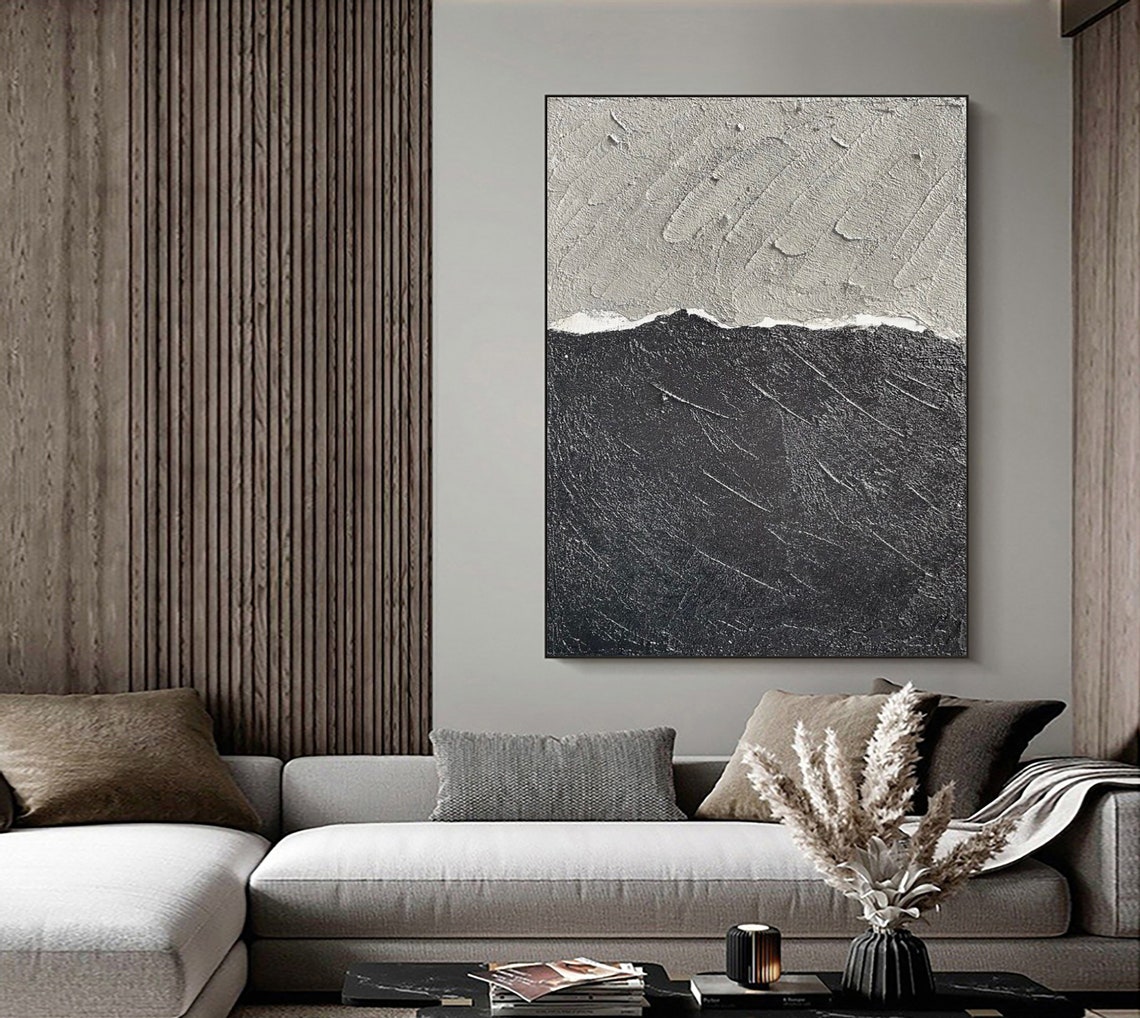 Torn Horizon Gray Sky Over Black Sea Textured Abstract Poster - Image 3