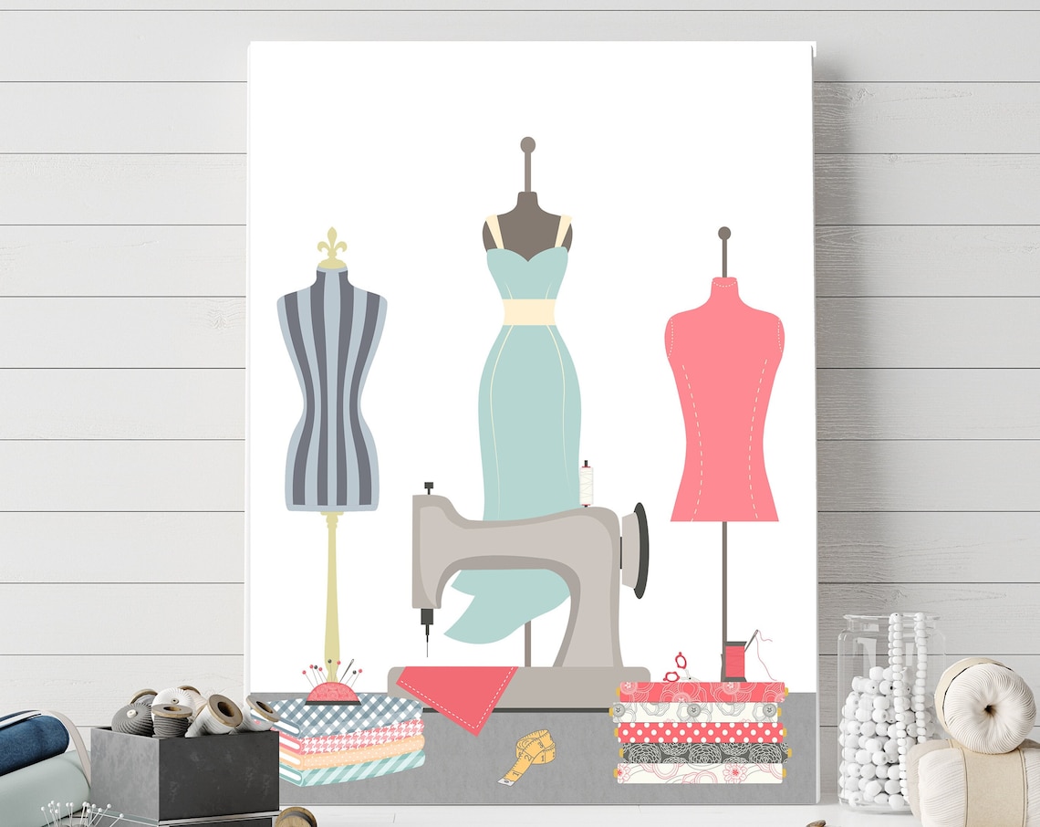 Sewing Room Dress Forms and Vintage Machine Illustration Art Poster