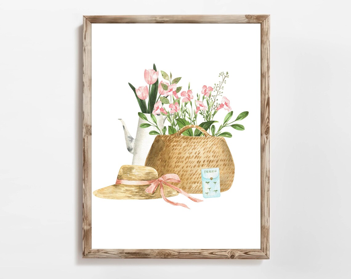 Summer Garden Watering Can Flowers Straw Hat Seed Packet Poster