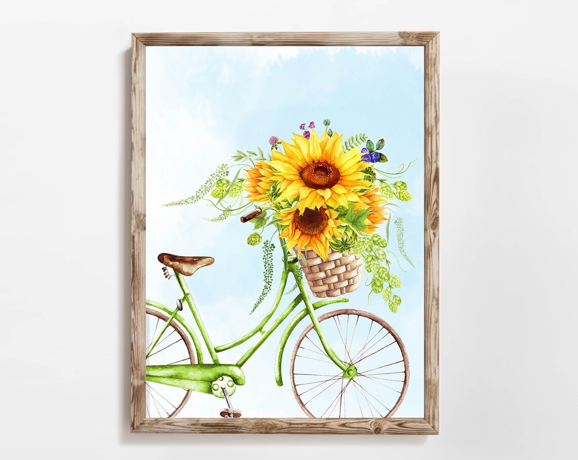 Green Bicycle With Sunflower Basket Summer Watercolor Poster