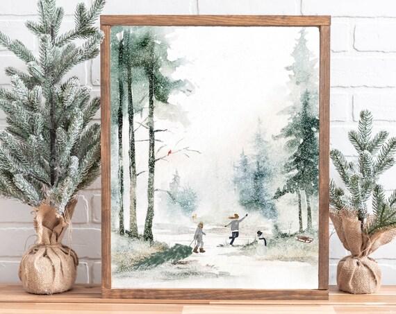 Bringing Home The Tree Snowy Forest Watercolor Christmas Poster