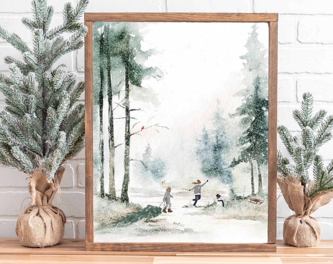 Bringing Home The Tree Snowy Forest Watercolor Christmas Poster