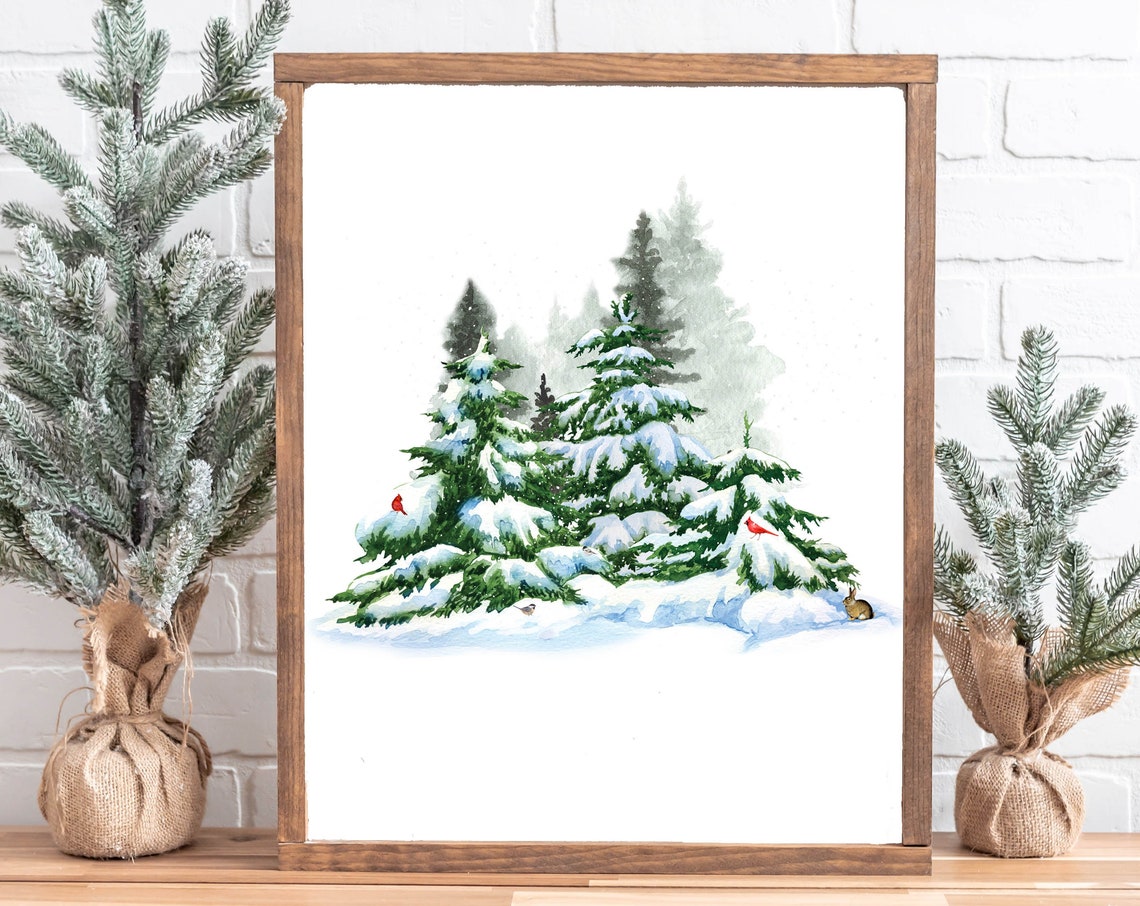 Snowy Evergreen Trees Watercolor Winter Woodland Red Cardinals Poster
