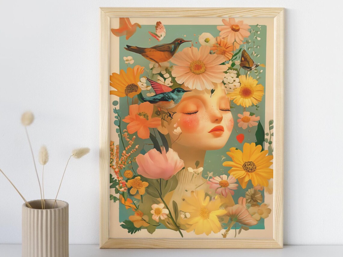 Vintage Floral Lady Portrait Butterflies Blooms Retro Boho Poster