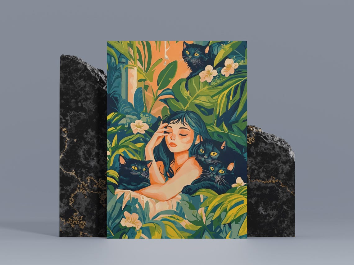 Tropical Jungle Lady With Three Black Cats Maximalist Art Poster - Image 2
