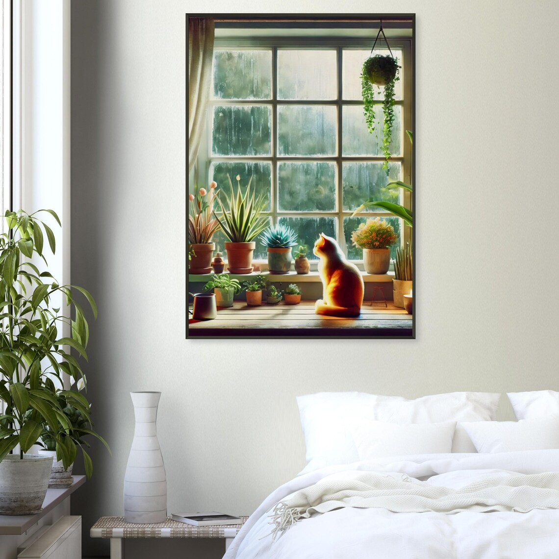 Ginger Cat Rainy Window Houseplant Cozy Warm Lamp Light Poster - Image 3